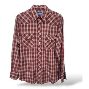 Wrangler Mens LG Button Up Shirt Plaid Western Red Pearlized Snap Cowboy Rodeo